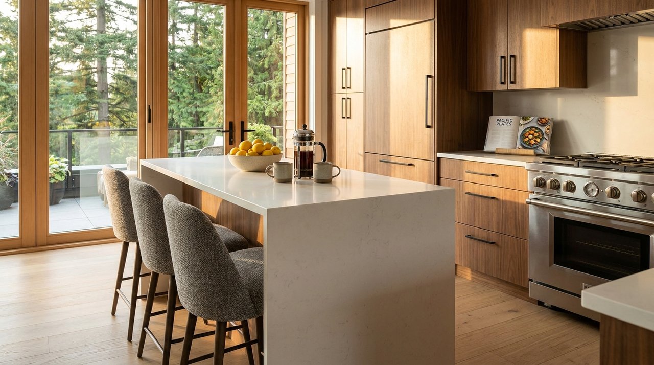 Editorial interior photograph of a modern Vancouver kitchen with quartz waterfall island, flat-panel cabinetry, and natural light — the kind of kitchen AG. Song tours with buying-services clients, Sony A7R V photography for AG. Song REALTOR®