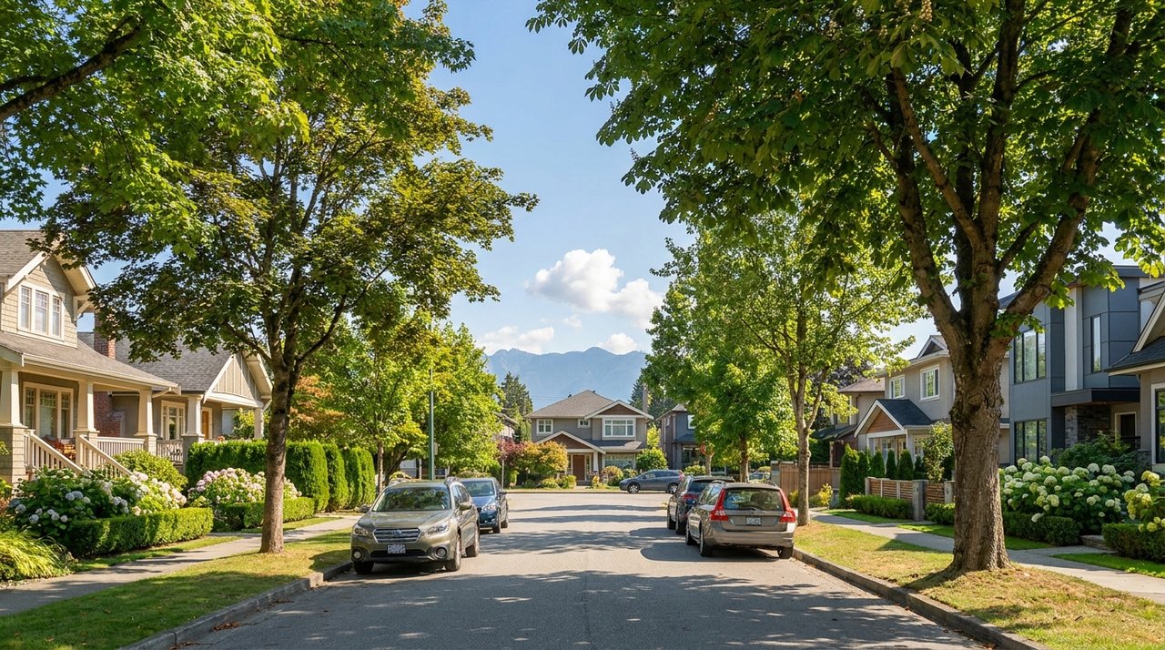 Architectural render of a quiet Vancouver residential street — tree-lined sidewalks, a mix of character and modern homes, the kind of neighbourhood AG. Song helps buying-services clients explore on property tours, with North Shore mountains on the horizon, for AG. Song REALTOR®