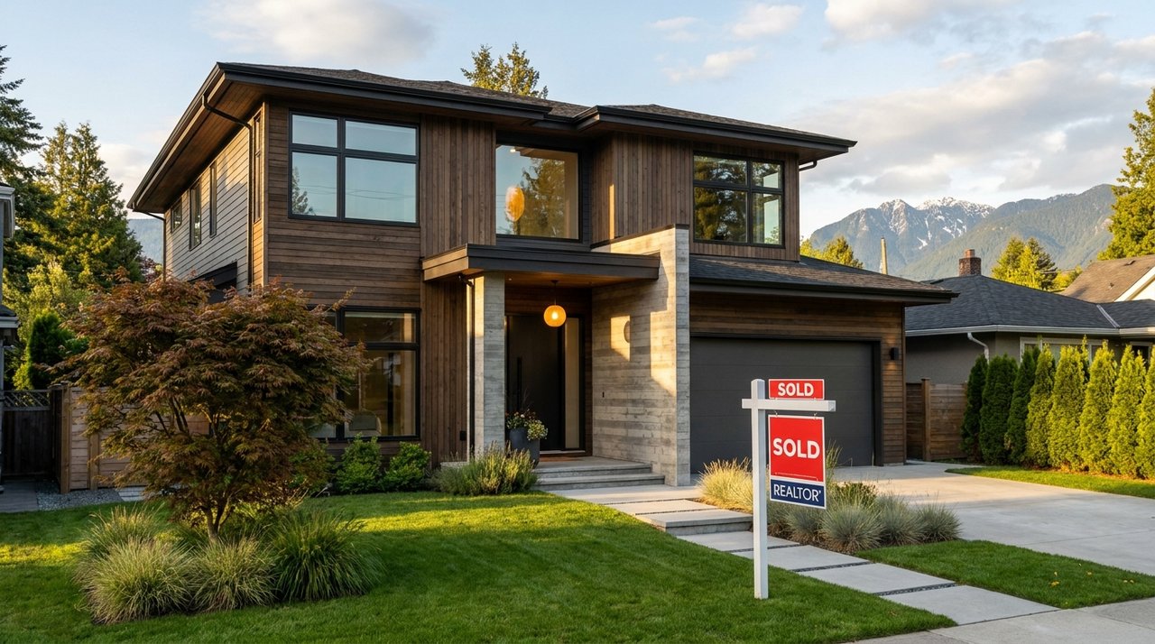 Architectural render of a newly built single-family home in Vancouver, BC — the kind of move-in-ready property AG. Song helps her buying-services clients tour and purchase, with a contemporary West Coast facade and North Shore mountain backdrop, for AG. Song REALTOR®