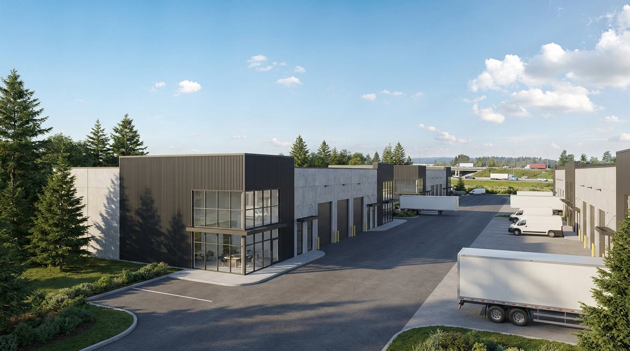 Carvolth Business Park, Walnut Grove, Langley Architectural render of Carvolth Business Park industrial complex in Walnut Grove, Langley, BC — the major Highway 1 / 200 Street industrial and warehouse cluster, for AG. Song REALTOR®