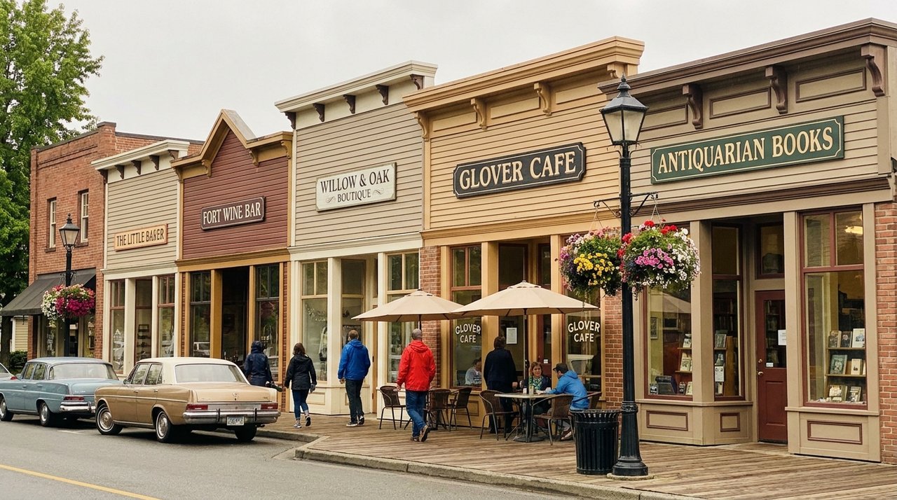 Glover Road heritage retail strip, Fort Langley Realtor phone snap of the Glover Road heritage retail strip in Fort Langley, BC — boutique shops, cafés, and restaurants in restored heritage storefronts, for AG. Song REALTOR®