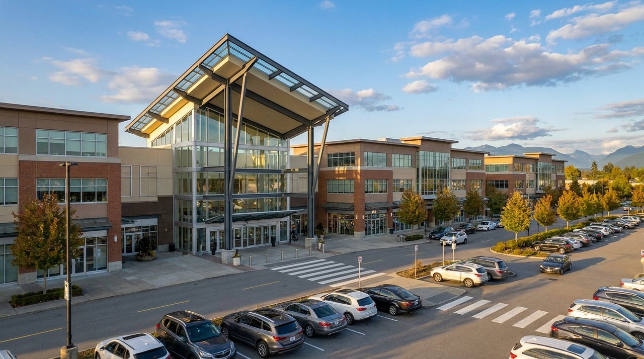 Willowbrook Shopping Centre, Langley, BC Architectural render of Willowbrook Shopping Centre exterior in Langley, BC — the largest enclosed regional shopping mall in the Fraser Valley and the commercial anchor of the Township of Langley, for AG. Song REALTOR®