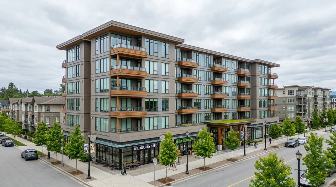 Architectural render of a modern mid-rise condominium development on the 200 Street corridor in Willoughby, Langley, BC — newer condo inventory near the future Surrey-Langley SkyTrain extension, for AG. Song REALTOR®