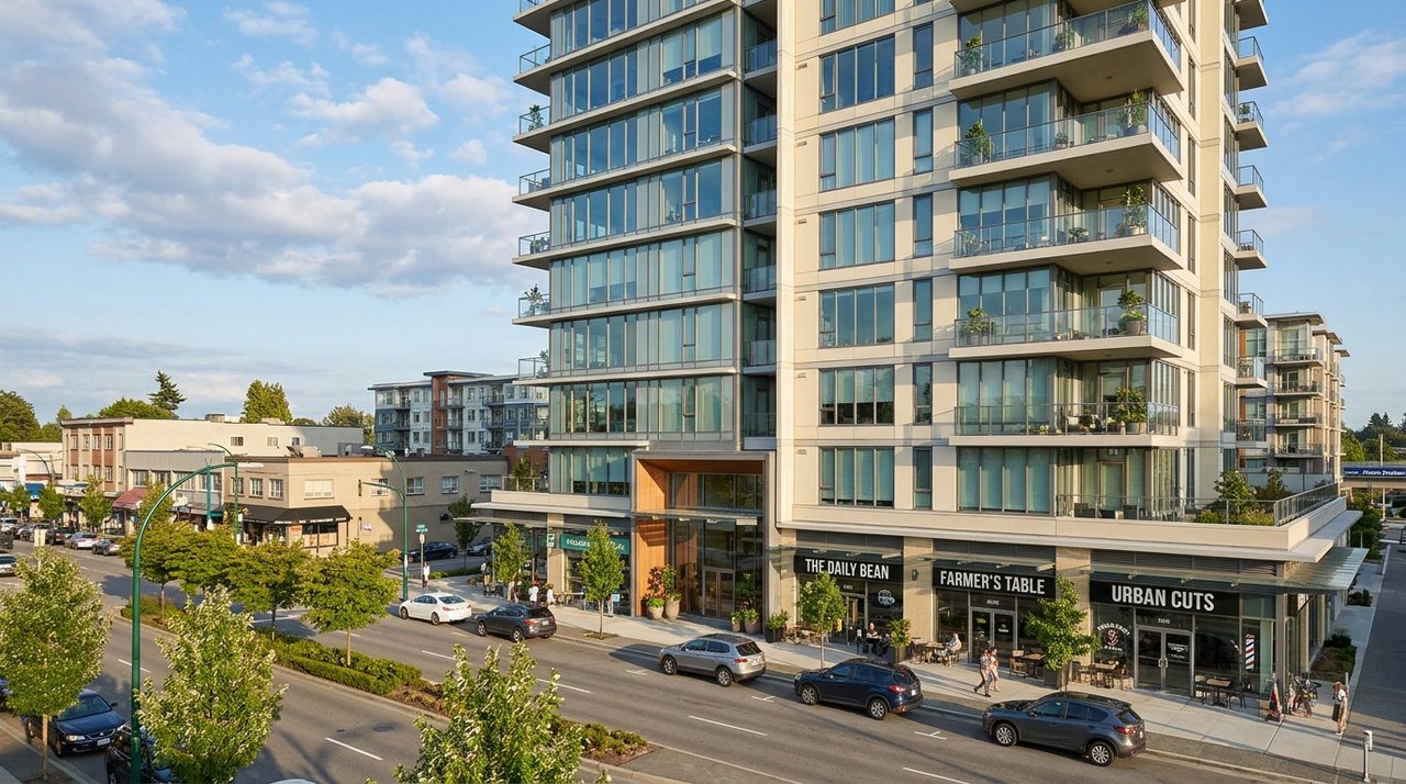 Architectural render of a downtown Langley City condo development near the future Langley City Centre SkyTrain station at 203 Street, BC, for AG. Song REALTOR®