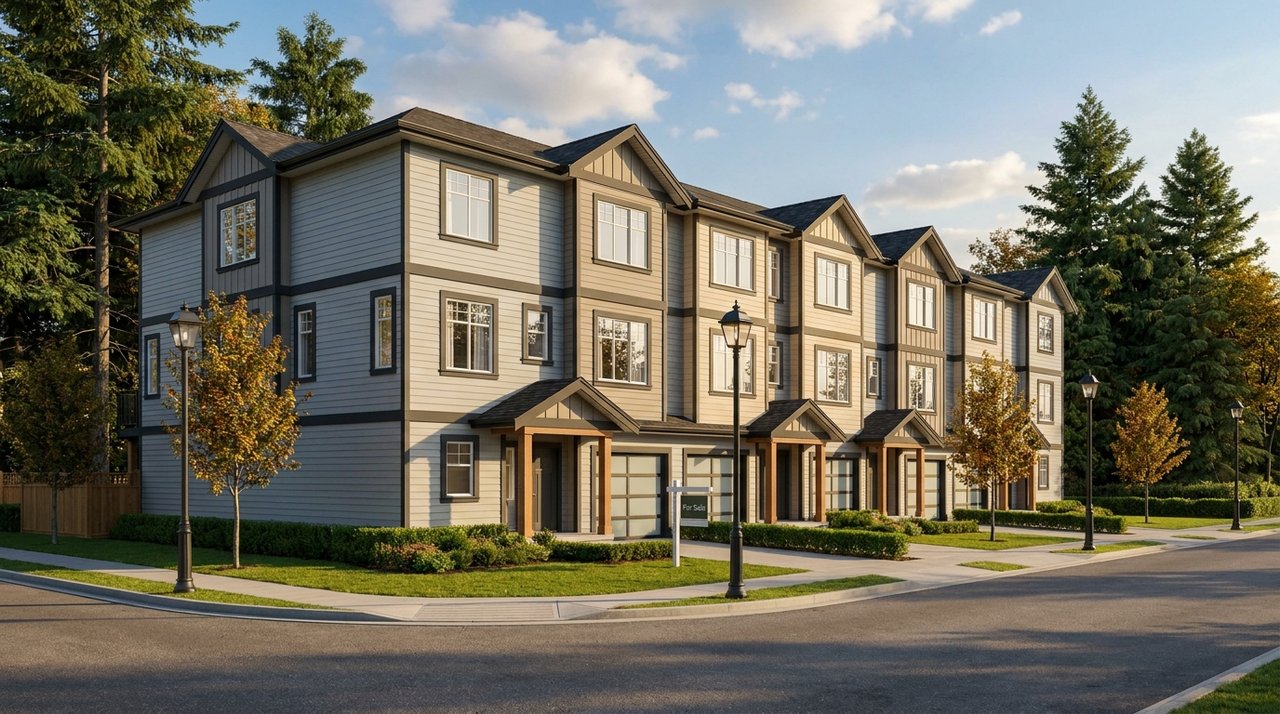 Architectural render of a Walnut Grove starter townhome complex in Langley, BC — a typical first-time-buyer entry point in the Township of Langley, for AG. Song REALTOR®