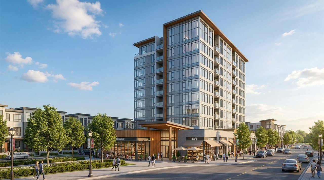 Architectural render of a modern Willoughby Town Centre condo tower in Langley, BC — a popular first-time-buyer entry point near amenities and the future Surrey-Langley SkyTrain extension, for AG. Song REALTOR®