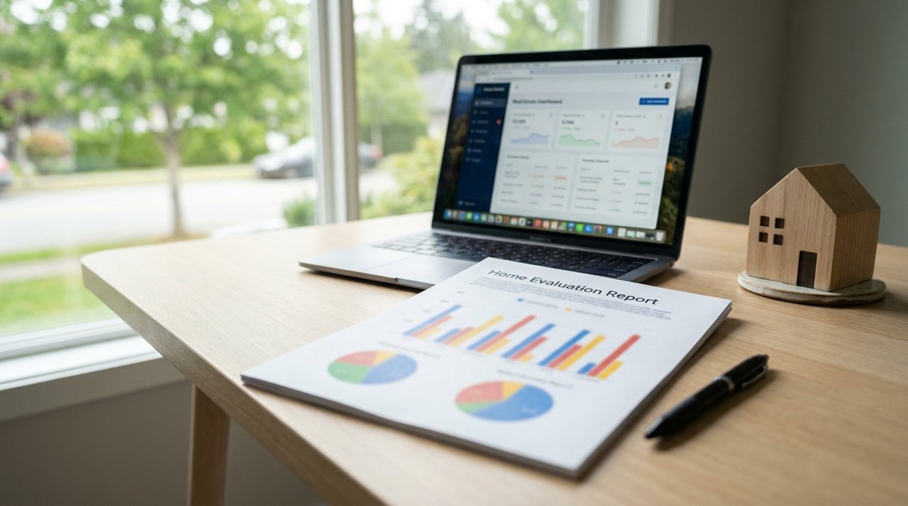 Editorial photo of a home evaluation report and laptop on a Langley, BC desk, for AG. Song REALTOR®