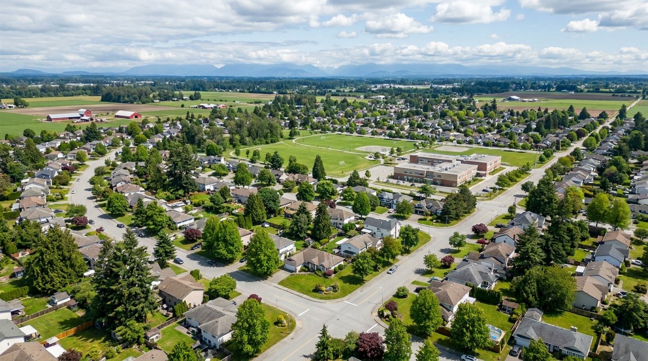 Aerial drone photo of a Langley, BC suburb of detached homes, for AG. Song REALTOR®