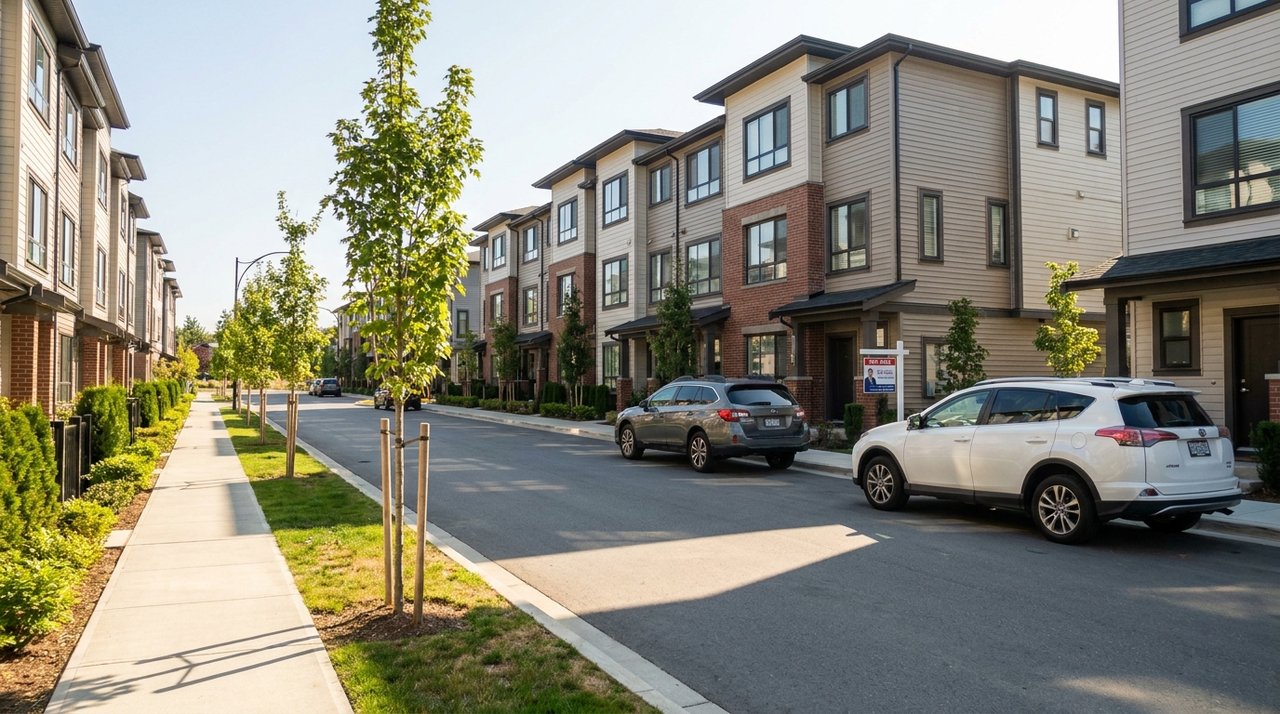 Candid phone photo of a row of new townhomes in Willoughby, Langley, BC, for AG. Song REALTOR®