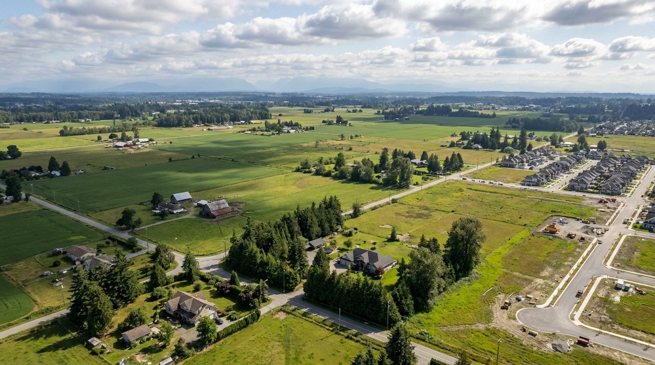 Aerial drone photo of development land and farmland on the edge of Langley, BC, for AG. Song REALTOR®