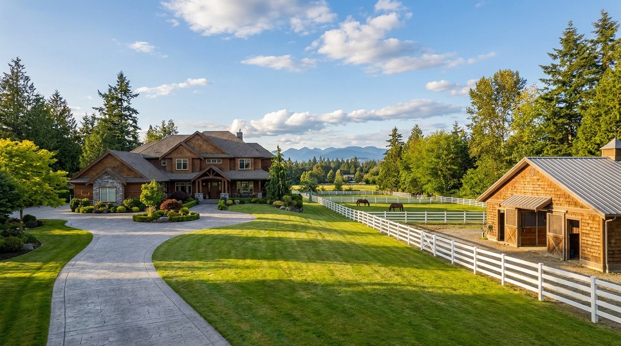 Campbell Valley equestrian estate, Langley, BC Architectural render of a Campbell Valley equestrian estate in Langley, BC — an acreage detached estate with stables and pasture, representing Langley's $3M+ luxury tier, for AG. Song REALTOR®