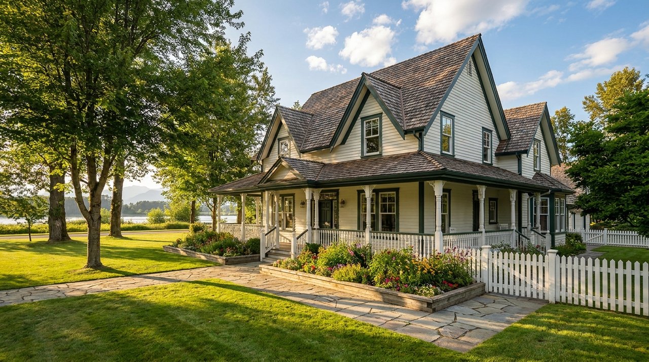 Fort Langley heritage estate, Langley Township, BC Architectural render of a Fort Langley heritage-character estate exterior in Langley Township, BC — premium detached real estate above the $2M tier in Langley's most distinctive heritage village, for AG. Song REALTOR®