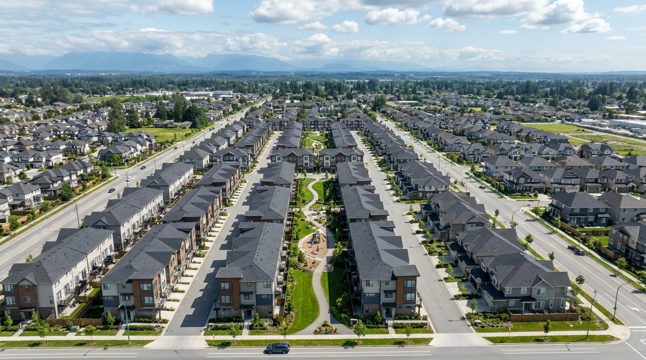 Langley townhome community aerial Aerial drone photo of a townhome community in Willoughby, Langley, BC, for AG. Song REALTOR®
