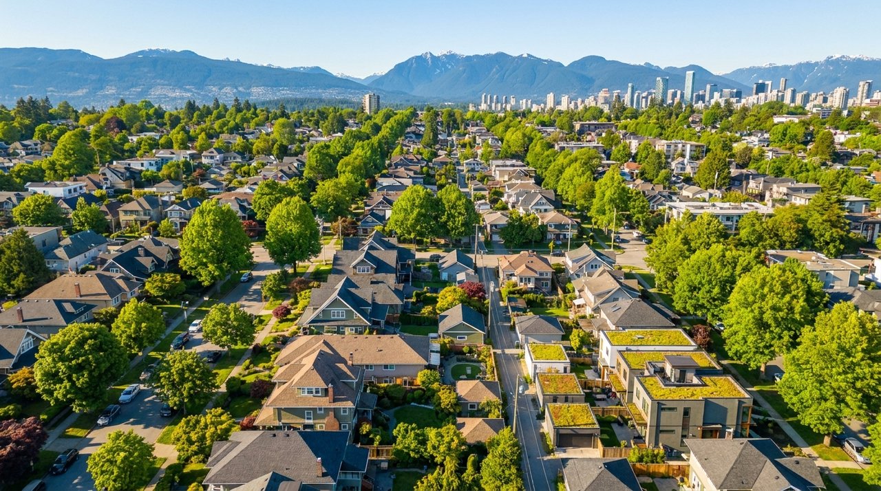 Vancouver property valuation — aerial neighbourhood context Aerial architectural render of an established Vancouver residential neighbourhood — the kind of streetscape AG. Song references when comparing comparable sales for property valuations, with North Shore mountains framing the horizon, for AG. Song REALTOR®