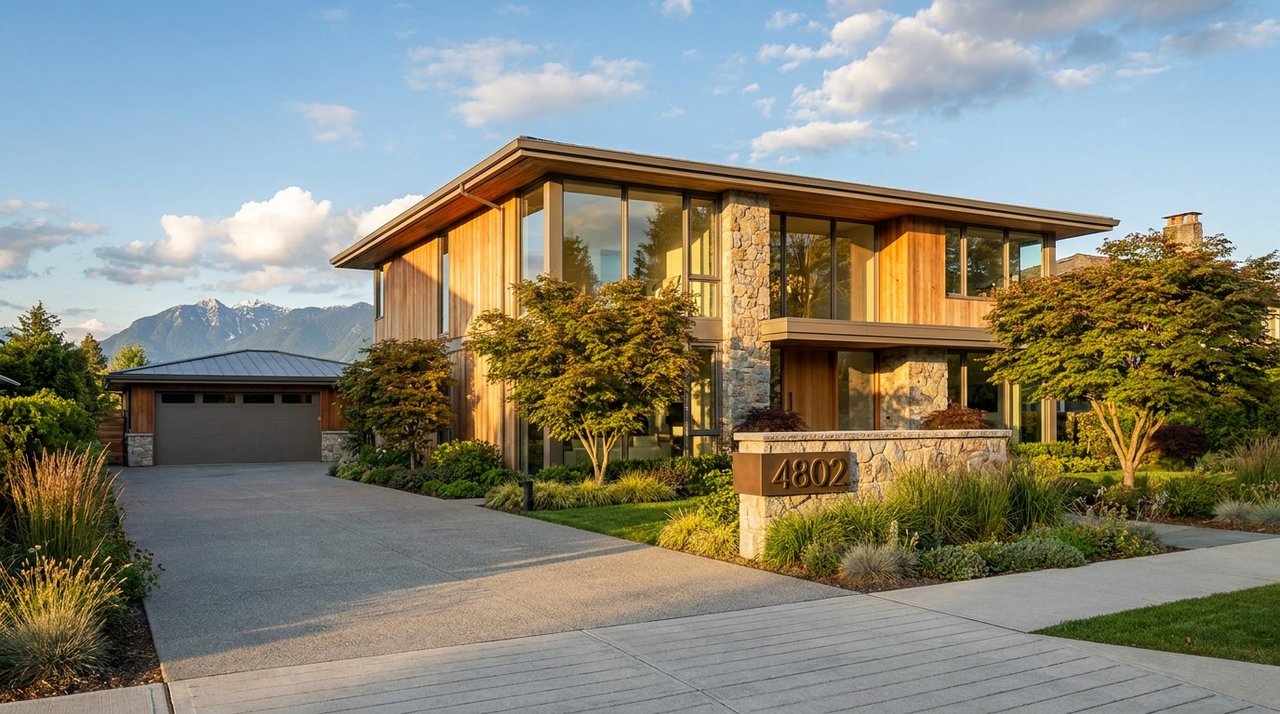 Vancouver property valuation — high-end executive home exterior Architectural render of a high-end executive home exterior in Vancouver, BC — the kind of Westside/Shaughnessy residence AG. Song appraises for property-valuation clients, with North Shore mountain backdrop, photographed for AG. Song REALTOR®