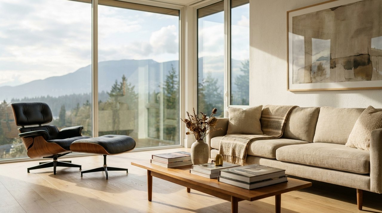 Vancouver property valuation — editorial interior detail Editorial interior detail of a luxury Vancouver living room — wide-plank oak floors, linen upholstery, floor-to-ceiling glazing with Pacific Northwest light, the kind of interior finish AG. Song evaluates during property valuations, Sony A7R V photography for AG. Song REALTOR®