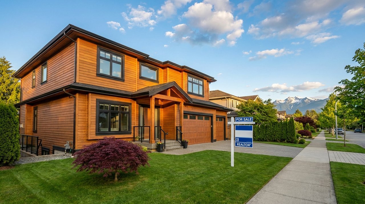 Surrey buyer representation — property tour exterior Architectural render of a Surrey, BC family home with a REALTOR sign rider on the front lawn — buyer-representation field-visit perspective, for AG. Song REALTOR®