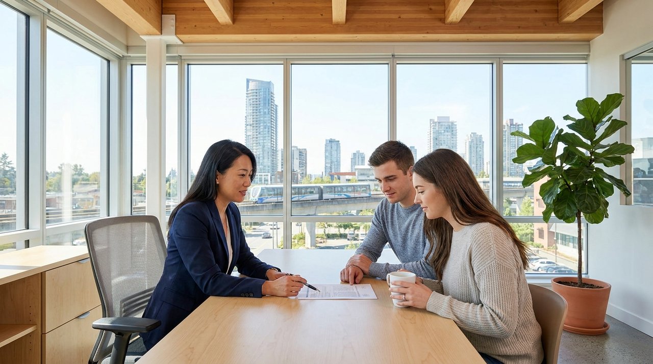 Surrey buyer representation — offer-strategy meeting Architectural render of a Surrey, BC buyer representation meeting — a licensed REALTOR explaining offer terms across a desk to two clients, contract paperwork between them, Surrey City Centre visible through the window, for AG. Song REALTOR®