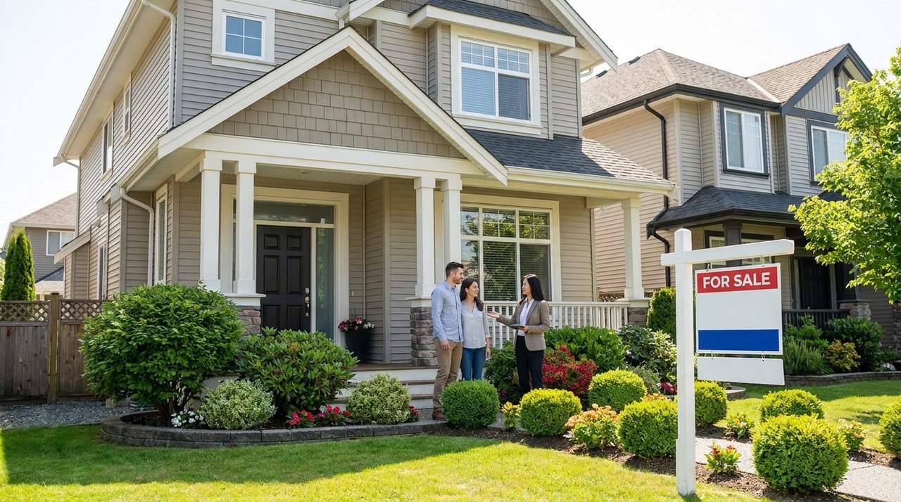 Home buying services in Surrey Architectural render of a buyer couple touring a Surrey, BC home with their REALTOR, for AG. Song REALTOR®