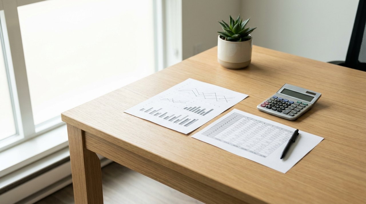 Editorial photo of a cash-flow chart and calculator on a Surrey, BC desk for investment analysis, for AG. Song REALTOR®