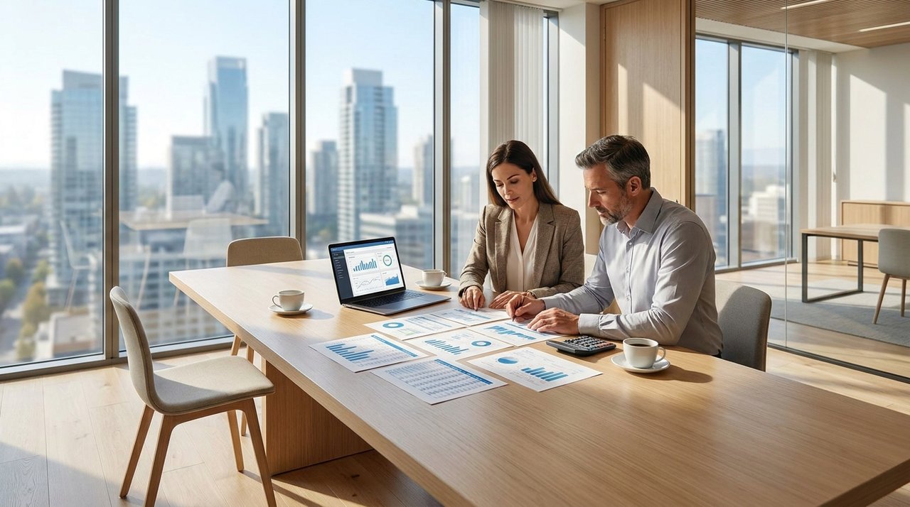 Architectural render of an investor consultation with cash-flow and ROI spreadsheets in a Surrey, BC office, for AG. Song REALTOR®