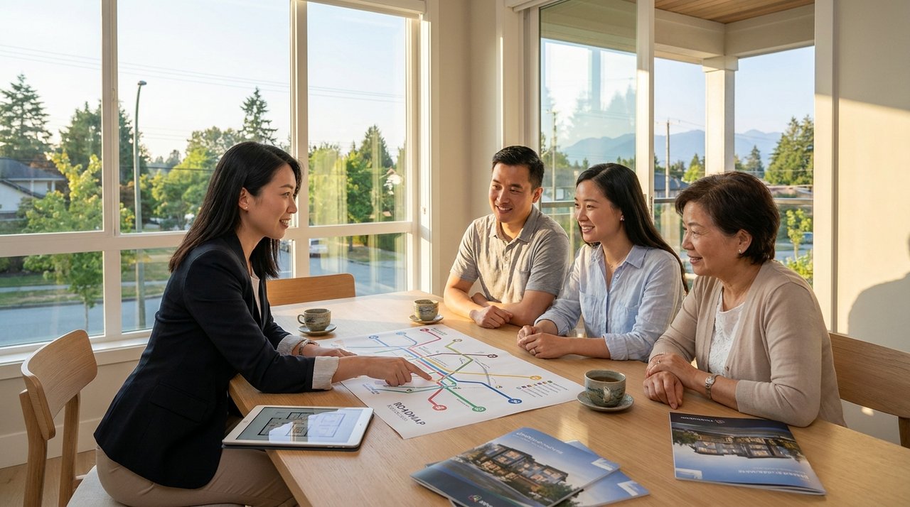 Architectural render of a warm bilingual real-estate consultation with a Chinese-Canadian family in a Surrey, BC home, for AG. Song REALTOR®