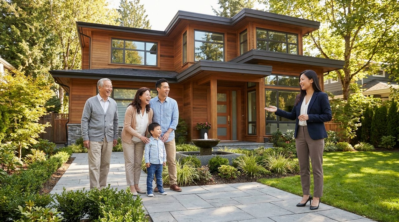 Architectural render of a bilingual REALTOR touring a Surrey, BC home with a Mandarin and Cantonese speaking family, for AG. Song REALTOR®