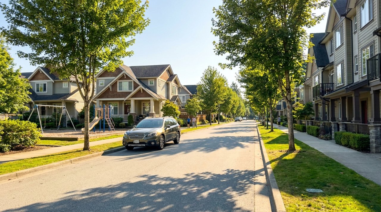 Candid phone photo of a Surrey, BC residential street popular with Chinese-Canadian families, for AG. Song REALTOR®
