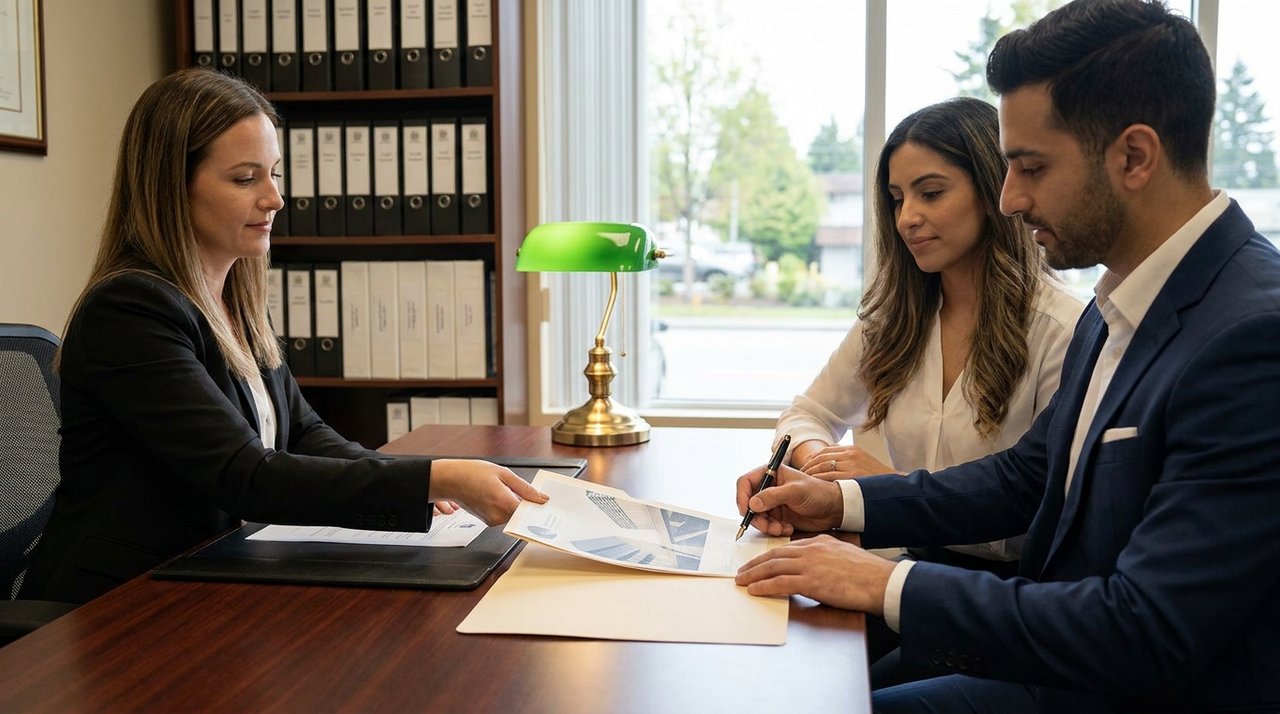 Architectural render of a closing-day document signing with a notary in Surrey, BC, for AG. Song REALTOR®