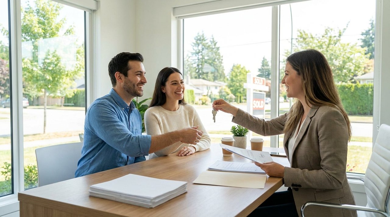 Architectural render of happy clients at completion day in a Surrey, BC office, for AG. Song REALTOR®