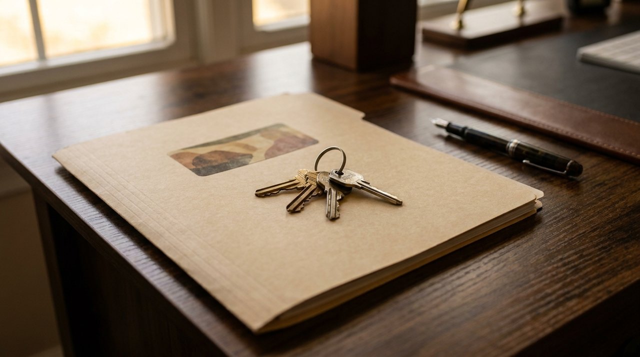 Editorial close-up of house keys on a closing document folder in Surrey, BC, for AG. Song REALTOR®