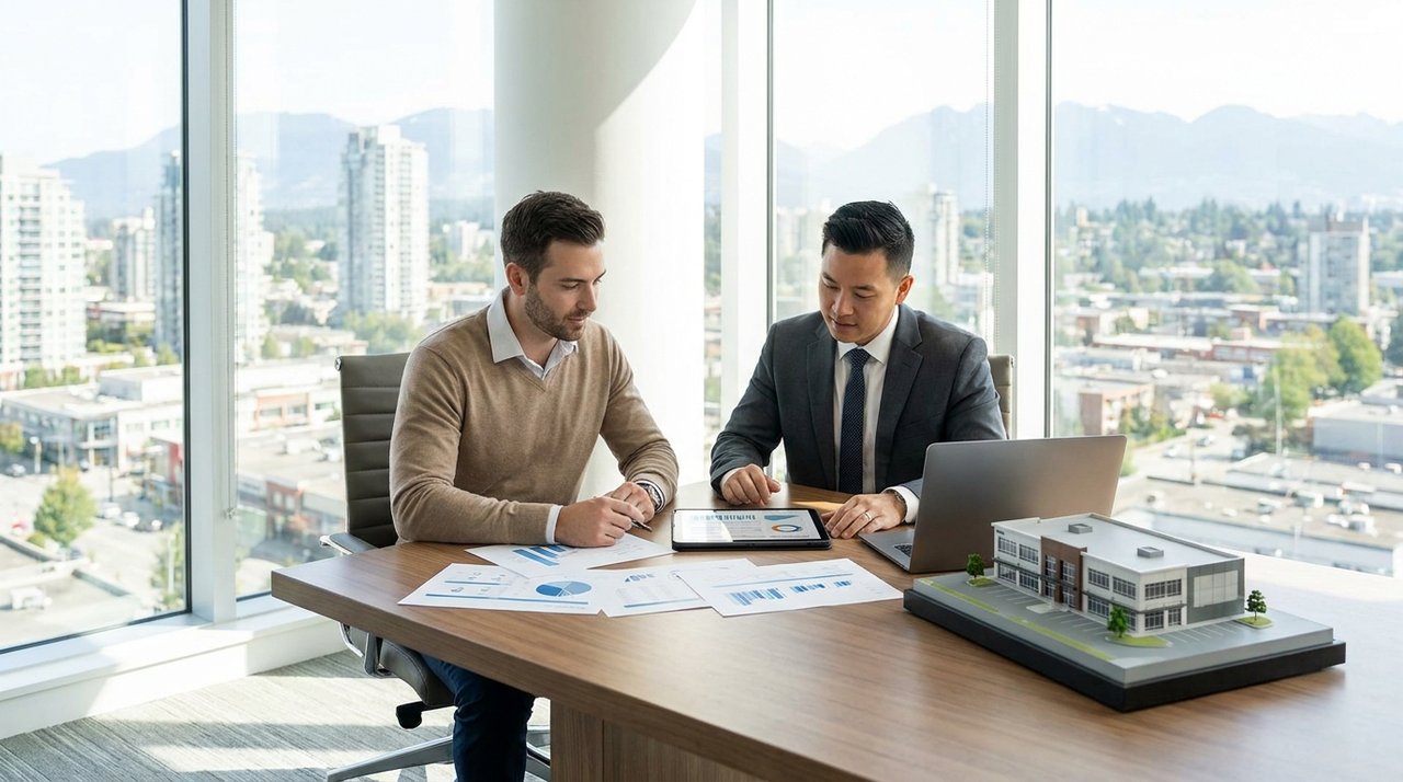 Architectural render of a commercial property investment consultation in a Surrey, BC office, for AG. Song REALTOR®