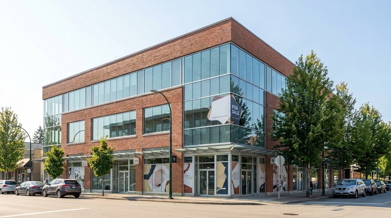 Architectural render of a Surrey, BC mixed-use commercial building offered as an investment, with a FOR SALE placard, for AG. Song REALTOR®