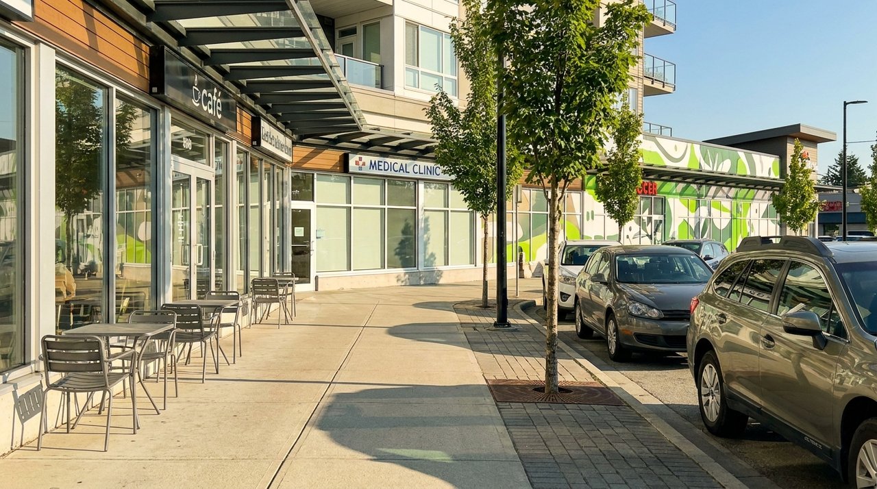Candid phone photo of a row of Surrey, BC retail storefronts in a commercial investment context, for AG. Song REALTOR®