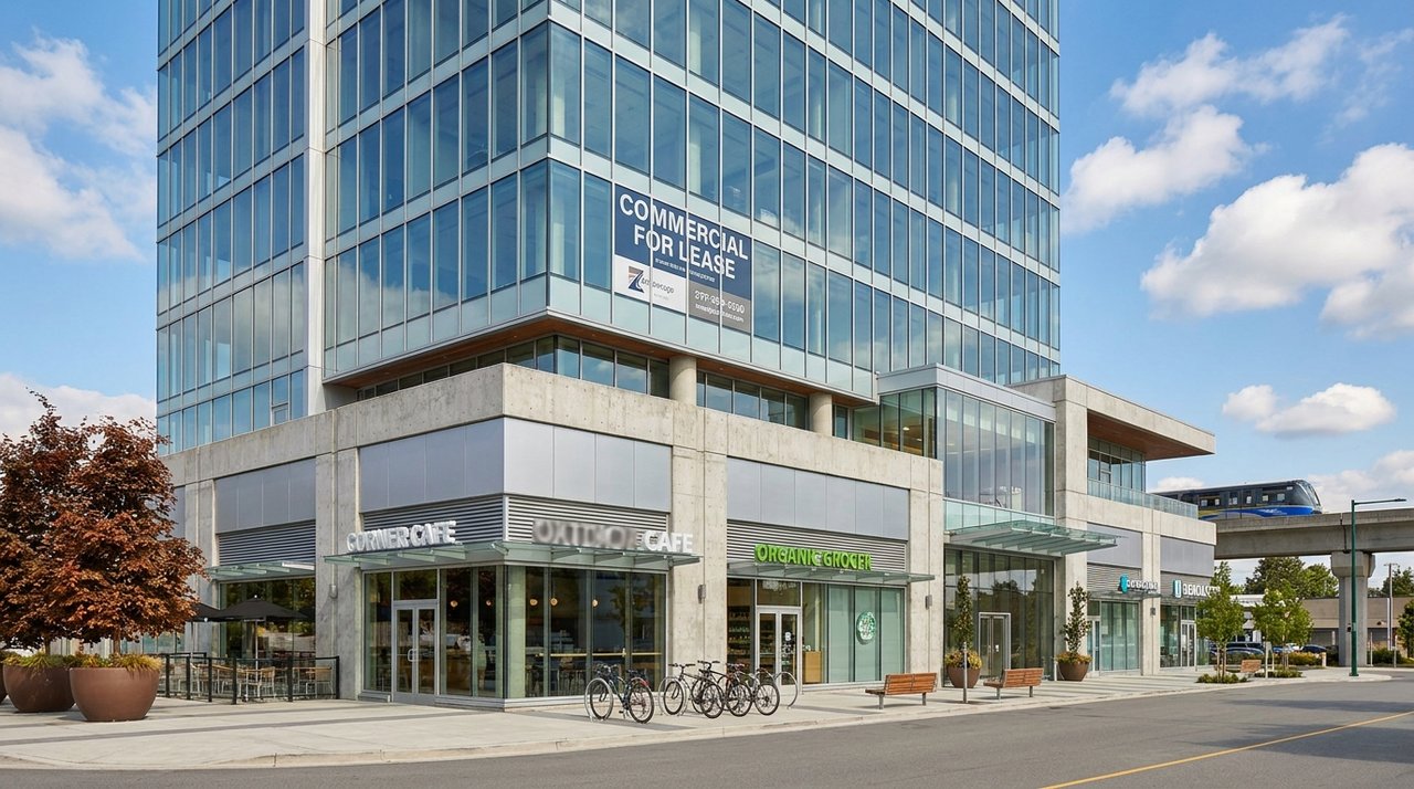 Architectural render of a Surrey City Centre, BC mixed-use commercial tower — office floors above, ground-floor retail with cafe and grocery storefronts, a professional 'COMMERCIAL FOR LEASE' banner — the kind of multi-tenant asset AG. Song markets for commercial real estate services clients, for AG. Song REALTOR®