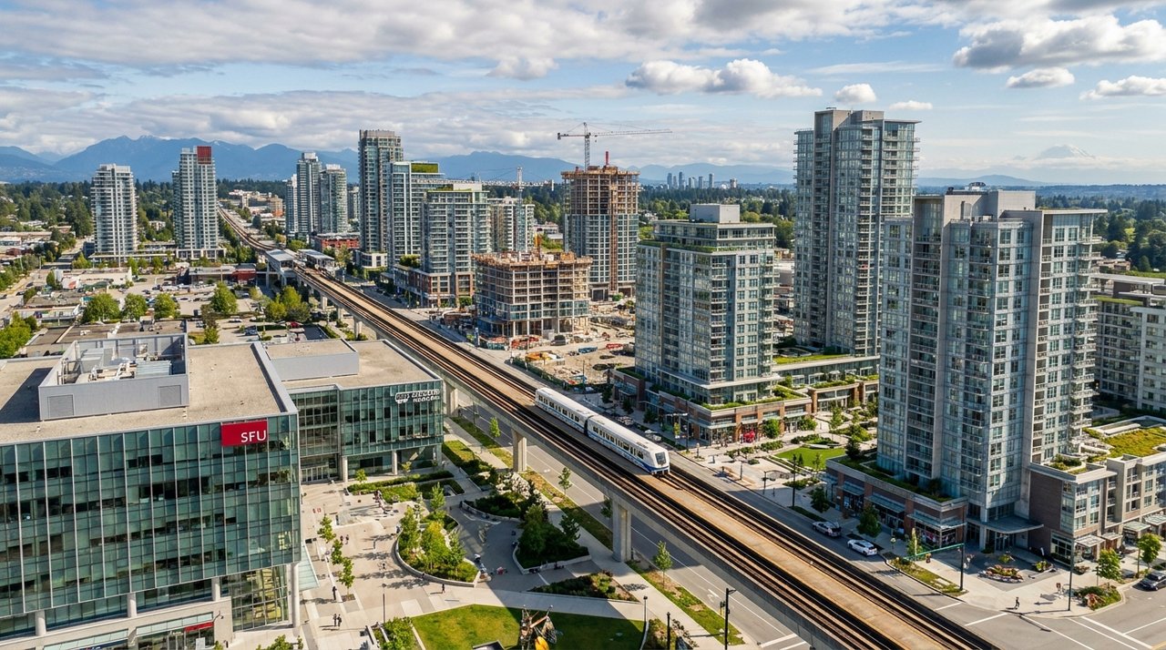 Aerial architectural render of the Surrey SkyTrain commercial corridor between Gateway and King George stations — high-rise mixed-use towers, ground-floor retail, the Expo Line guideway cutting through, the urban commercial context AG. Song works in for commercial real estate clients, for AG. Song REALTOR®