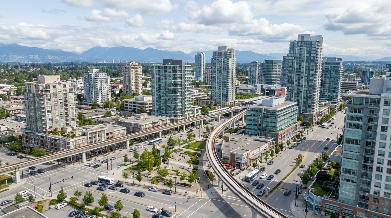 Aerial drone photo of the Surrey, BC commercial district near City Centre, for AG. Song REALTOR®