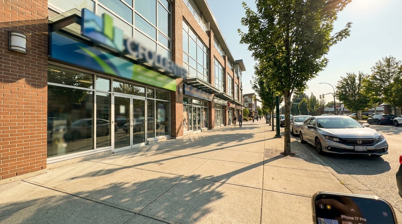 Candid phone photo of office and retail storefronts in a Surrey, BC commercial area, for AG. Song REALTOR®