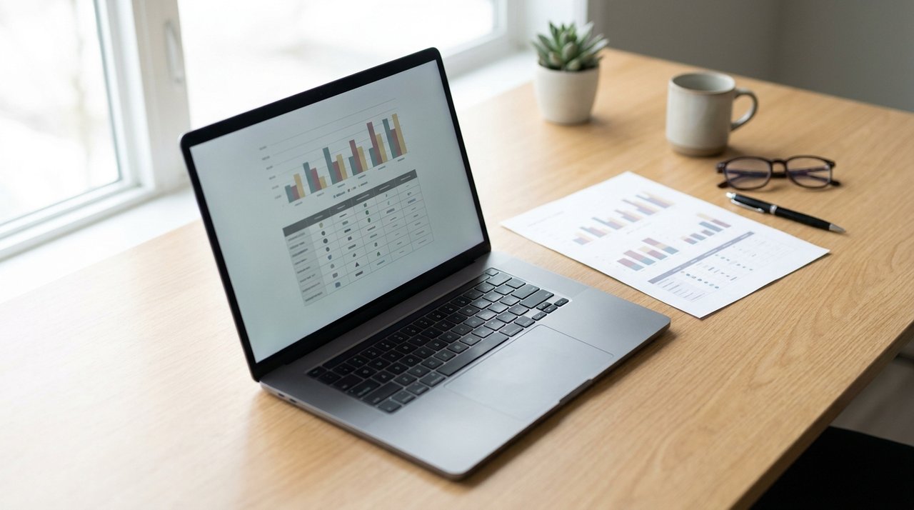 Editorial photo of a laptop showing comparative market analysis data on a Surrey, BC desk, for AG. Song REALTOR®