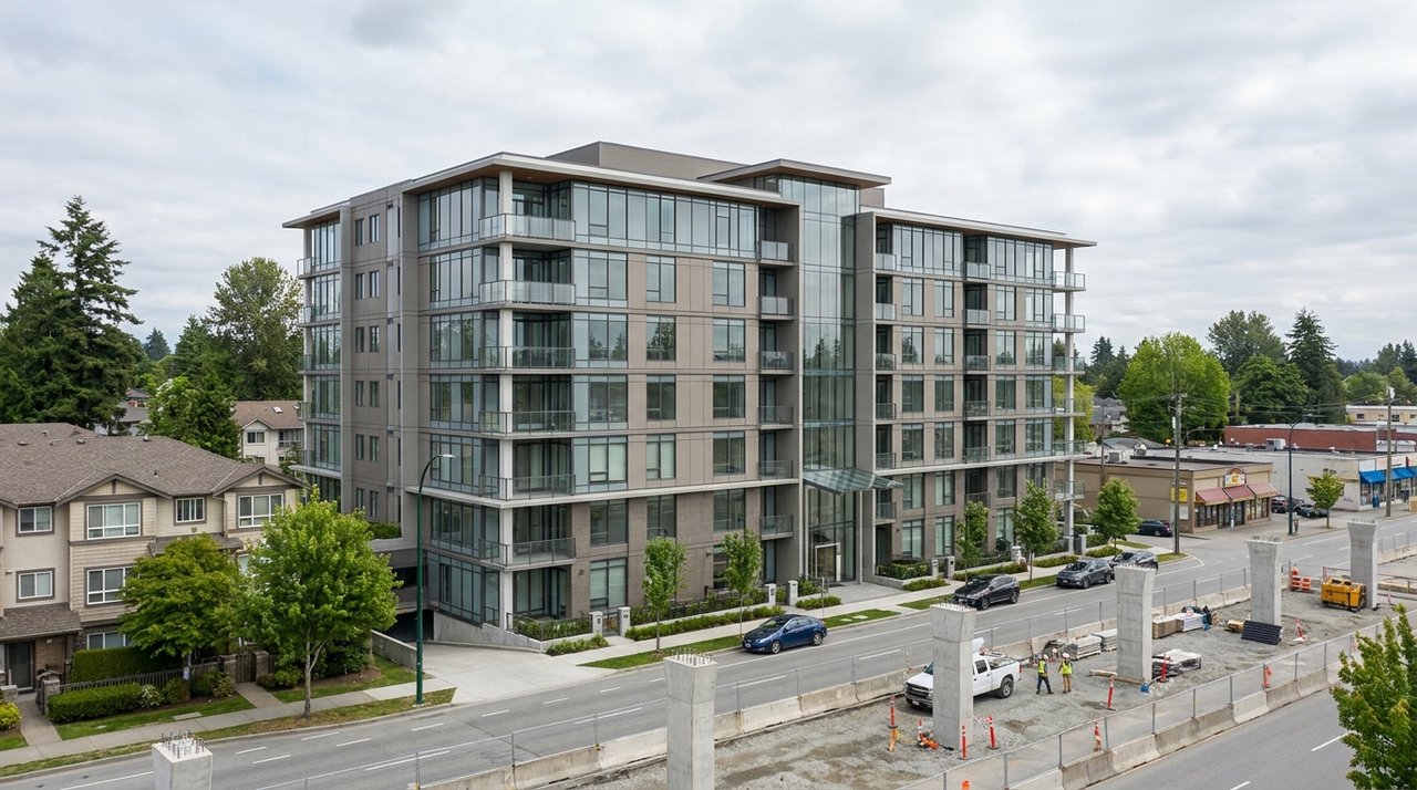 Architectural render of a modern Fleetwood mid-rise condo development near the future Fleetwood SkyTrain station on Fraser Highway, Surrey, BC, for AG. Song REALTOR®