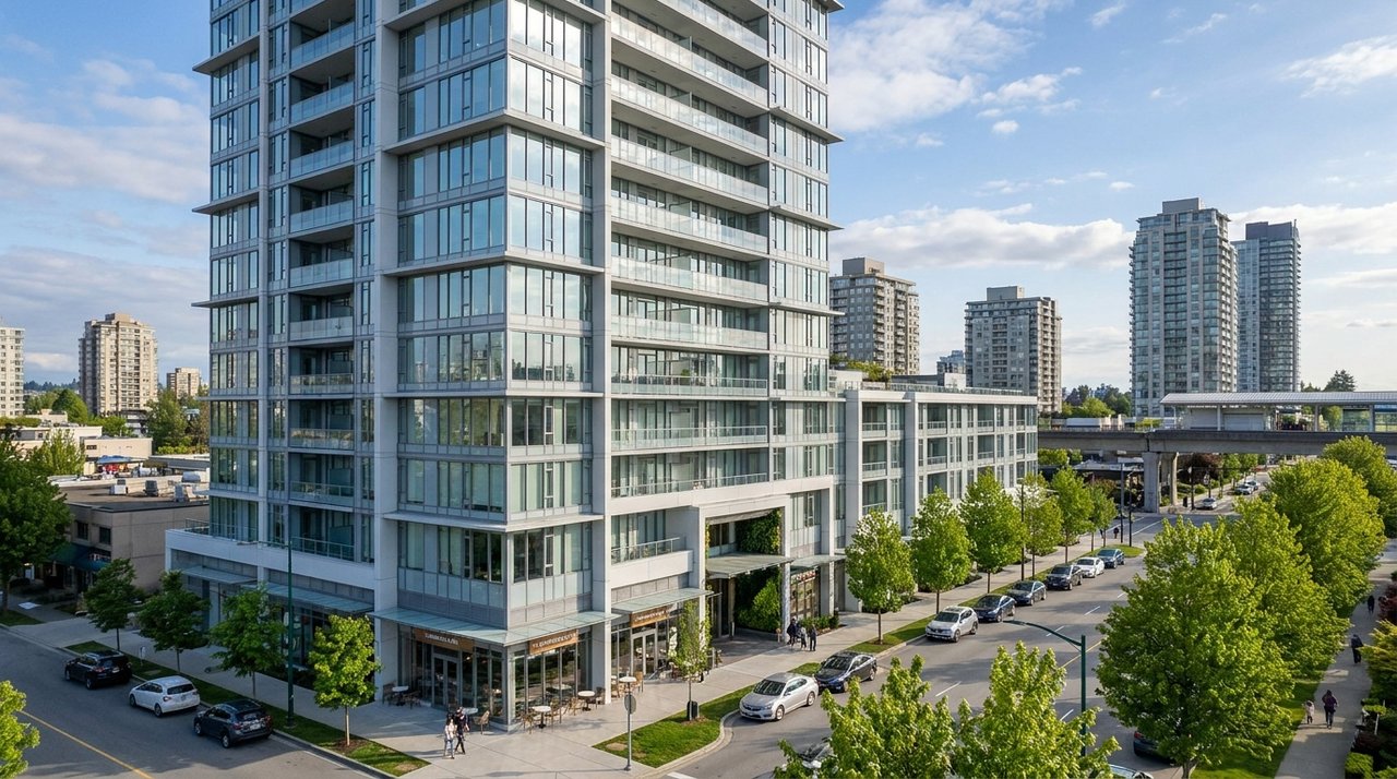 Architectural render of a modern Surrey City Centre / Whalley condo tower near Surrey Central SkyTrain station, BC — the highest-density condo market in the Fraser Valley, for AG. Song REALTOR®