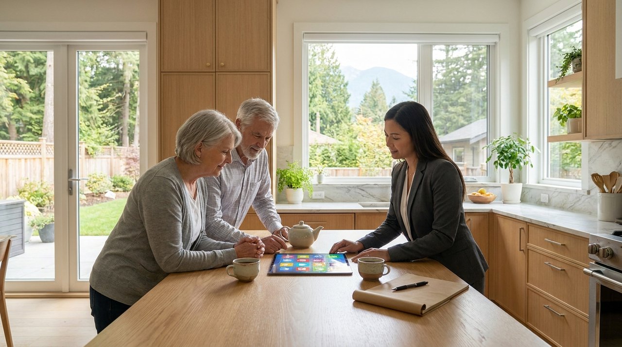 Reviewing downsizing options Architectural render of a senior couple reviewing smaller-home options on a tablet with a REALTOR in Surrey, BC, for AG. Song REALTOR®