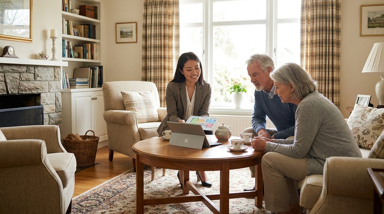 Downsizing consultation in Surrey Architectural render of a senior couple consulting a REALTOR about downsizing in a cozy Surrey, BC home, for AG. Song REALTOR®
