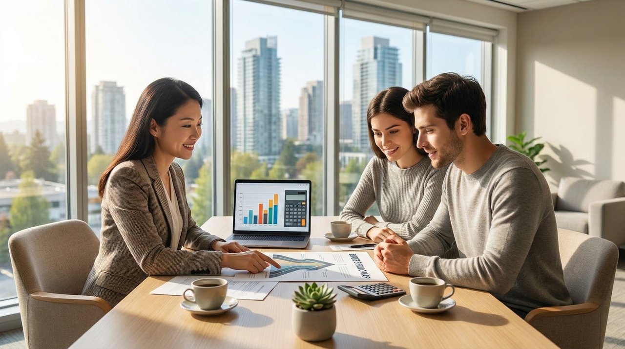 Architectural render of a first-time-buyer consultation in a Surrey, BC office — a REALTOR® explaining the BC First-Time Home Buyers' Program and mortgage pre-approval to a young couple at a table with paperwork — the planning stage AG. Song walks first-time buyers through, for AG. Song REALTOR®
