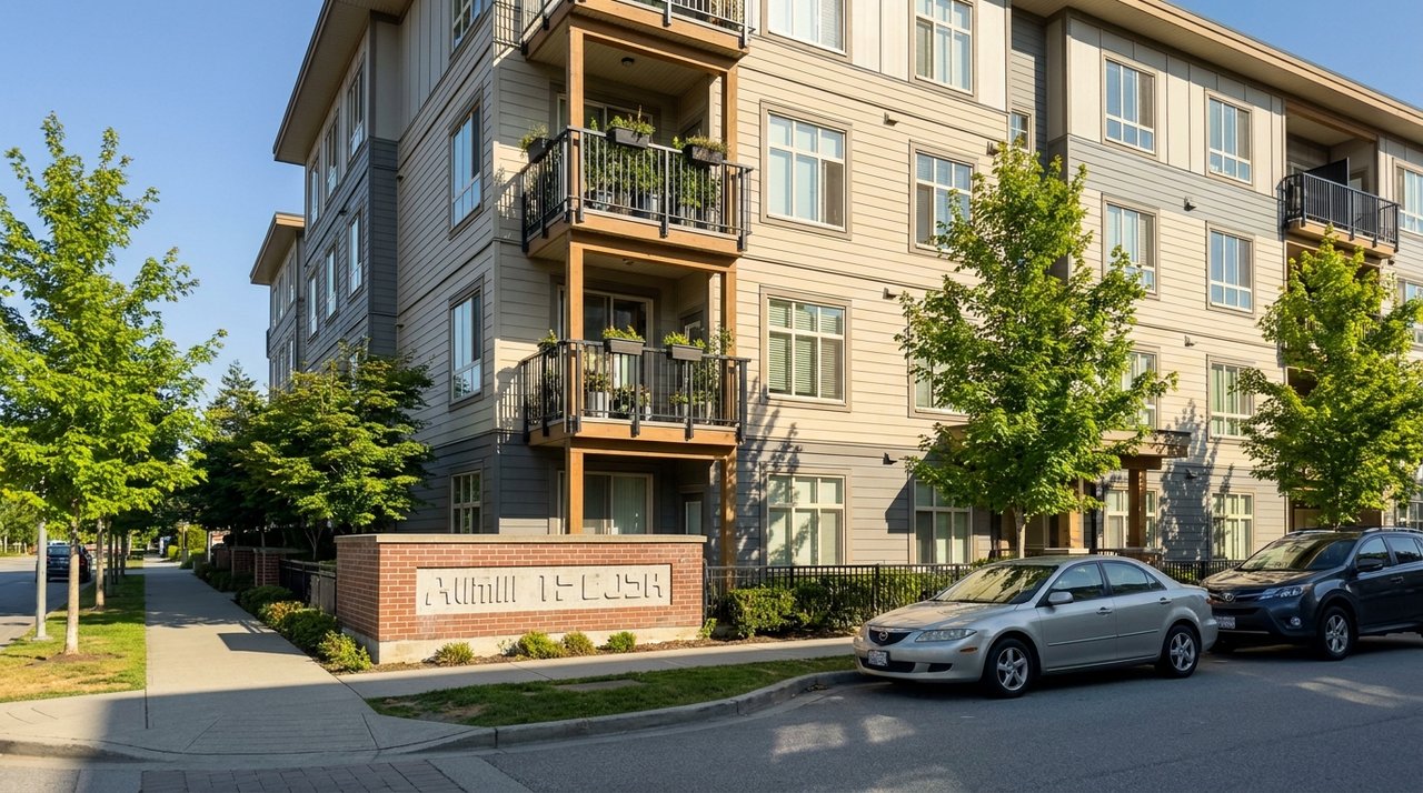 Candid phone photo of an entry-level low-rise condo building in Newton, Surrey, BC — the kind of sub-$400,000 starter condo first-time buyers begin with, for AG. Song REALTOR®