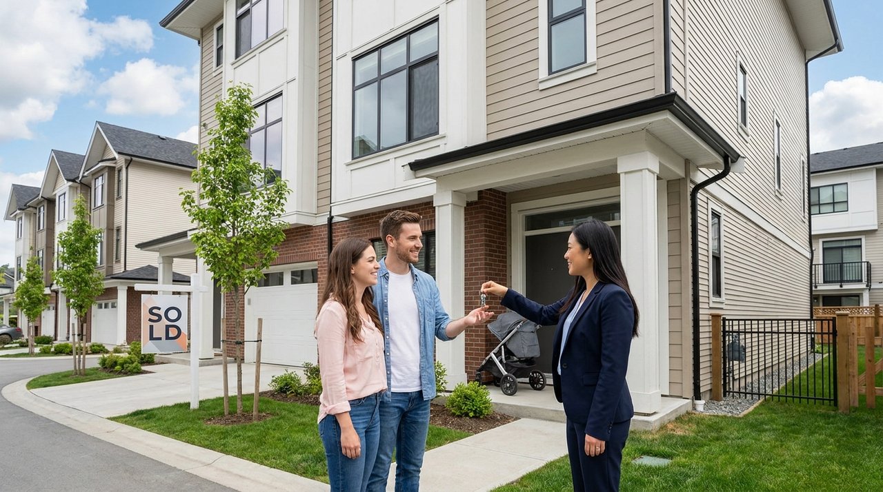 Architectural render of a young first-time-buyer couple receiving the keys to a new entry-level townhome in Surrey, BC — a REALTOR® handing over keys at the door of a contemporary three-storey townhome complex — the milestone AG. Song guides first-time buyers to, for AG. Song REALTOR®