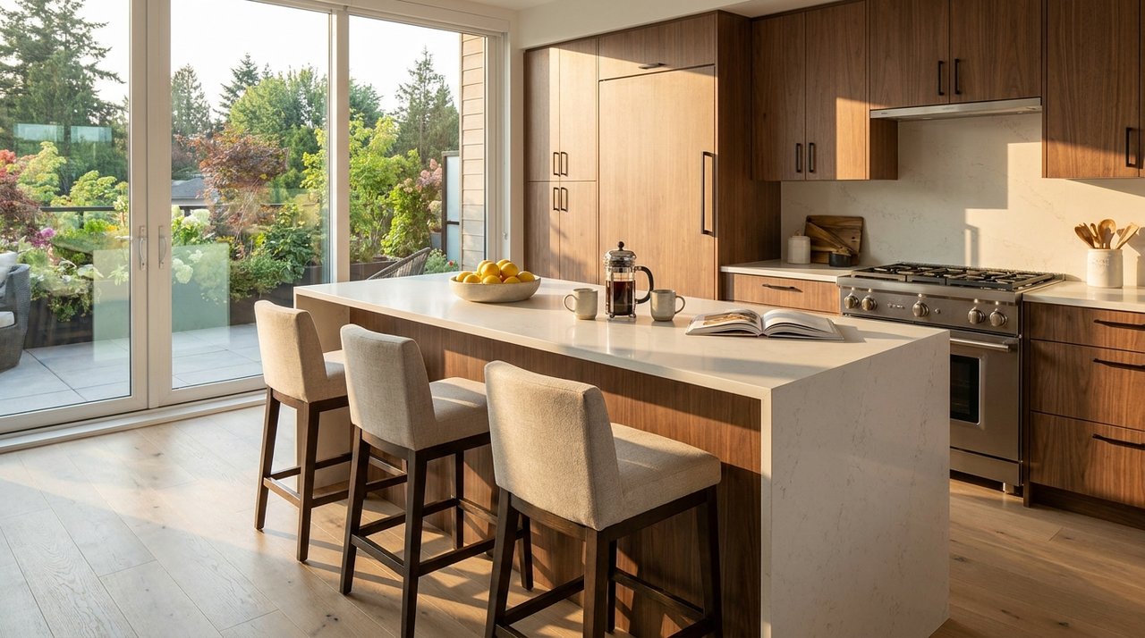 Surrey home buying — modern kitchen interior Architectural render of a modern Surrey, BC kitchen with quartz waterfall island, walnut flat-panel cabinetry, and natural light — the kind of kitchen AG. Song tours with home-buying clients, for AG. Song REALTOR®