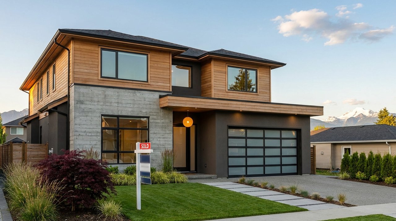 Surrey home buying — newly built family home Architectural render of a newly built Surrey, BC family home — the kind of move-in-ready property AG. Song helps her home-buying clients tour and purchase, with a contemporary West Coast facade and the Cascades on the horizon, for AG. Song REALTOR®