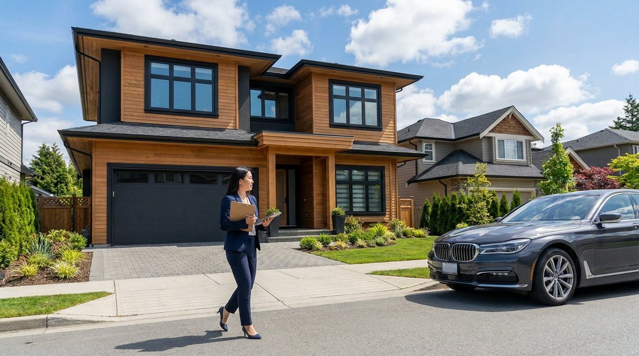 Architectural render of a Surrey, BC executive home with a REALTOR walking up the driveway holding a clipboard — the kind of pre-listing home evaluation AG. Song performs for sellers, for AG. Song REALTOR®