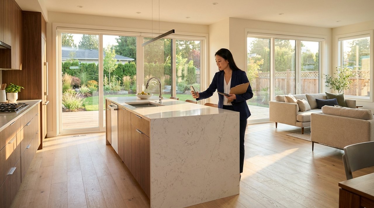 Architectural render of a Surrey, BC home interior with a REALTOR examining finishes — the evaluation moment where AG. Song assesses condition and quality for valuation, for AG. Song REALTOR®